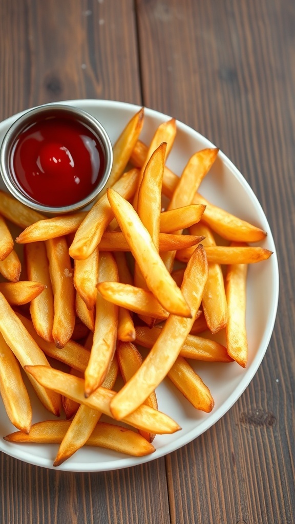 Crispy Homemade Air Fryer French Fries Recipe A plate of crispy air fryer French fries with ketchup on a rustic wooden table.